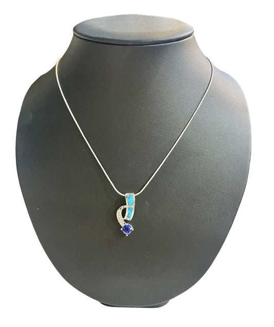 SS OPAL INLAY WHT SAPPHIRE CHANNEL SET W/BLUE CZ ON CHAIN