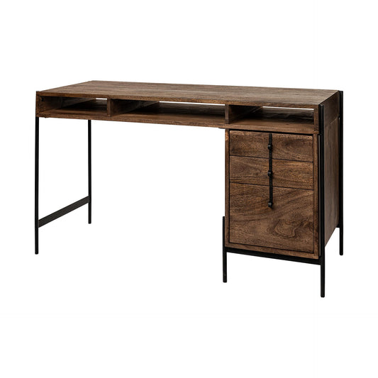 Glenn VII 56L x 22W Dark Brown Wood w/ Black Iron Frame, 3 Drawer Office Desk