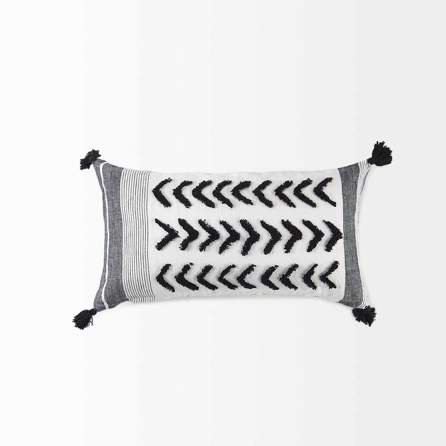 Kimia 14L x 26W White and Black Fabric Herringbone and Fringed Decorative Pillow Cover