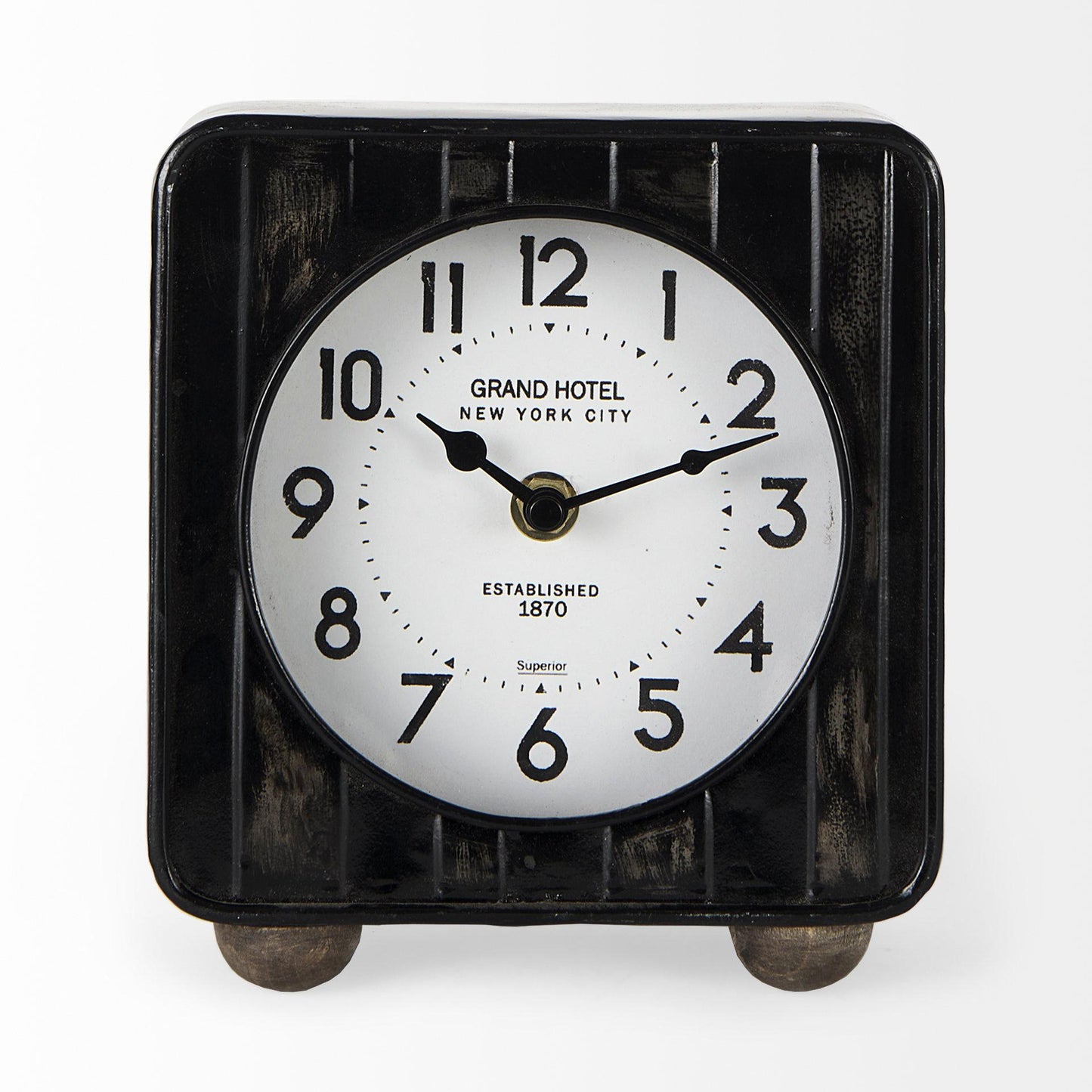 Karl 6.0L x 3.0W x 6.8H Rustic Black Iron Rounded Square Table Clock
