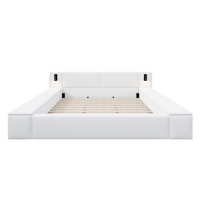 Upholstered Platform Bed Frame With Hidden Storage, Built-In Nightstands & LED Reading Lights