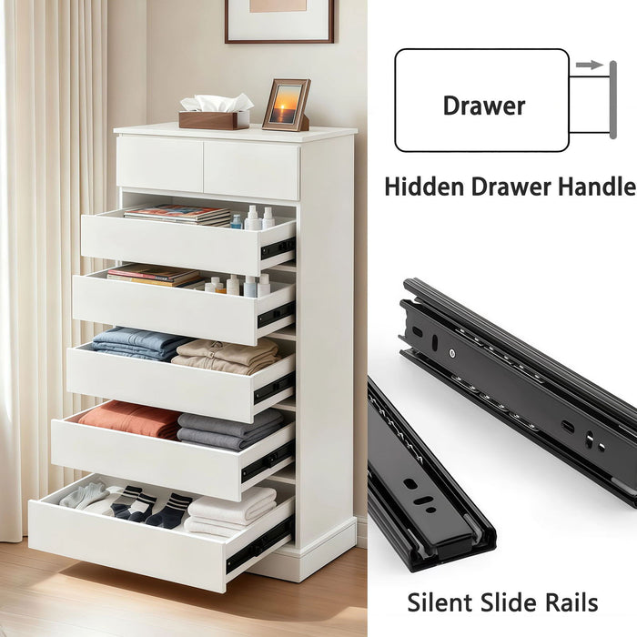 6 Drawer Tall Dresser With Concealed Handles, Vertical Storage Cabinet For Bedroom - White