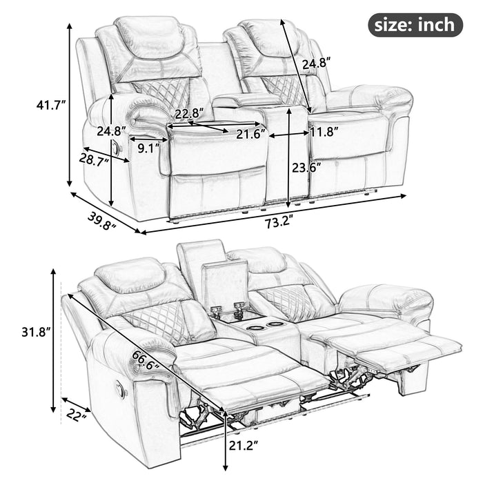 3 Pieces Recliner Sofa Sets Home Theater Seating Manual Recliner Chair With Center Console And LED Light Strip For Living Room