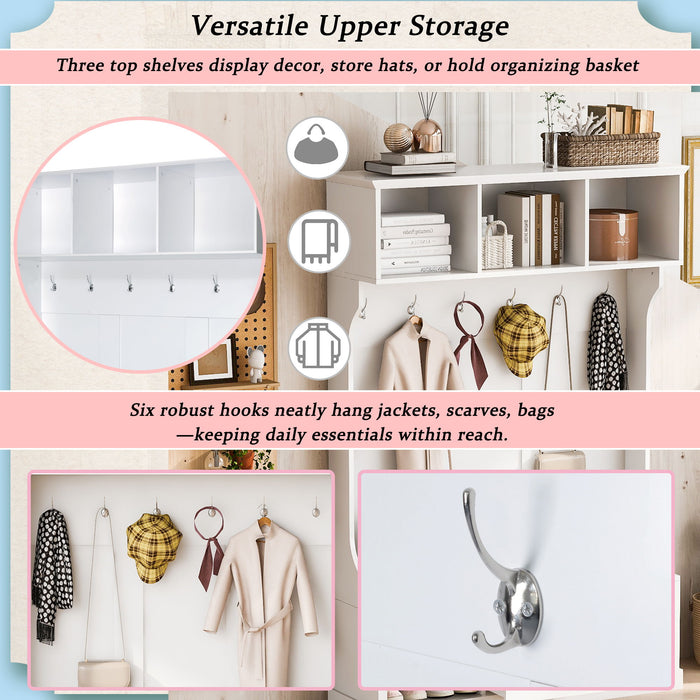 Hall Tree With 6 Hooks, Coat Hanger, Entryway Bench