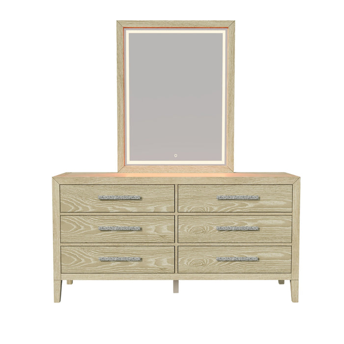 Adeline - 6 Drawers Dresser & Mirror With Jewelry Box & LED Light - Natural Wood Wash
