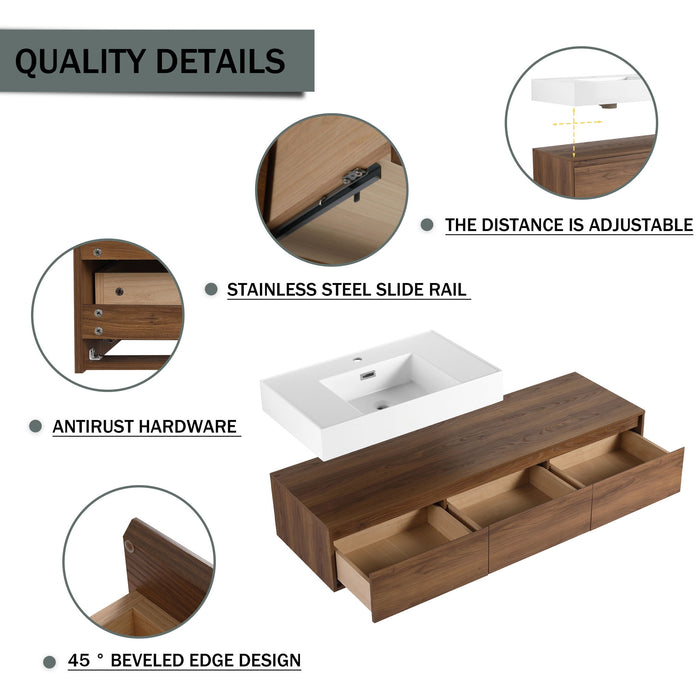 Modern Wall Mounted Bathroom Vanity With Resin Sink And Side Cabinet - Brown Ebony