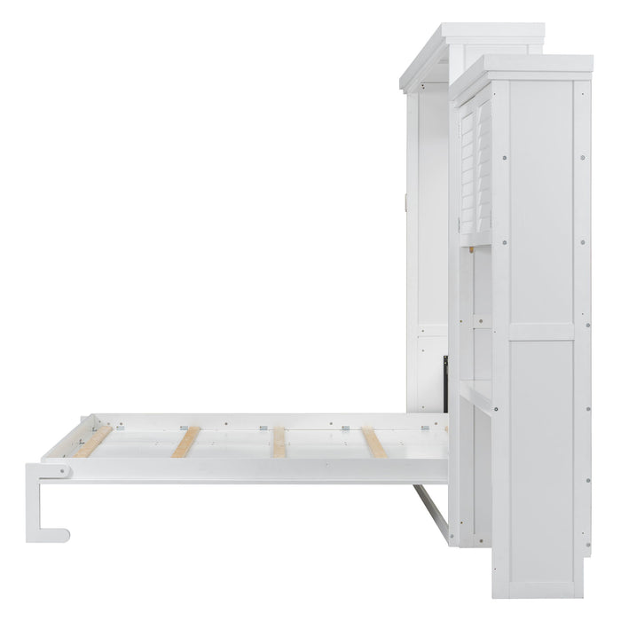 Queen Size Murphy Bed With Louvered Design And Multiple Storage Shelves - White