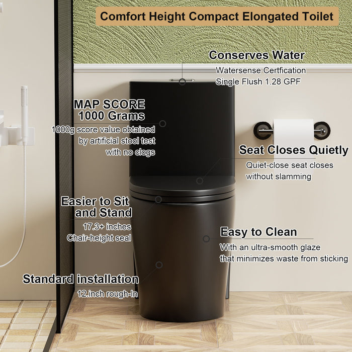 1 Piece Toilet With Tornado Flush, Dual Flush, And ADA Height Comfort Chair