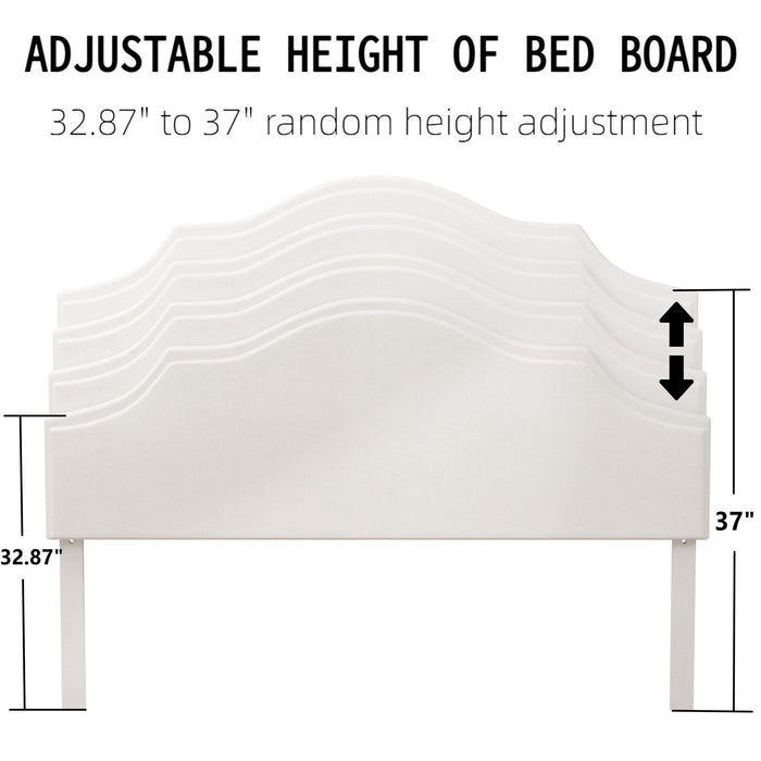 King Size, Upholstered Platform Bed Frame With Adjustable Headboard, No Box Spring Needed - White