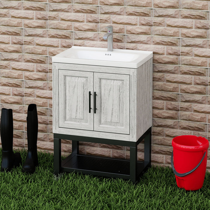 Modern Freestanding Bathroom Vanity With Ceramic Sink, Hot And Cold Faucet, Storage Cabinet & Open Shelf