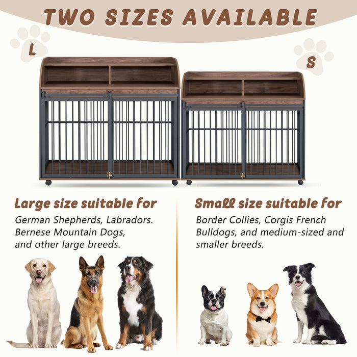 Heavy Duty Dog Crate Furniture For Medium Dog With Lockable Wheels, Wooden Dog Crate Dog Kennel, End Table Crate With Double Layer Storage