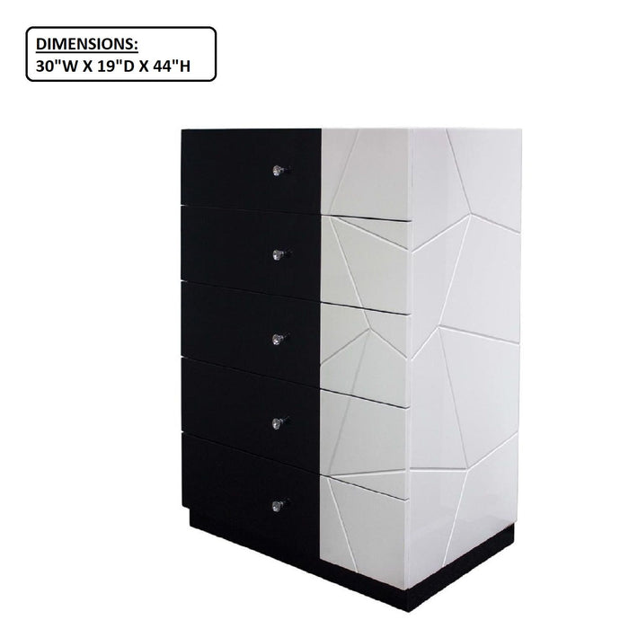5 Drawer Chest Storage Unit, Clothes Organizer, Geometric Pattern - White / Black