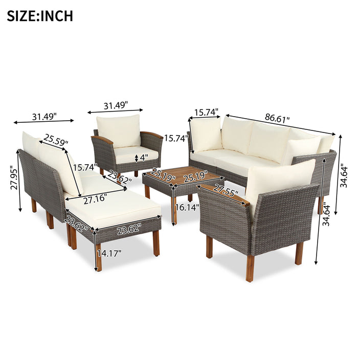 9 Piece Patio Rattan Furniture Set, Outdoor Conversation Set With Acacia Wood Legs And Tabletop, PE Rattan Sectional Sofa Set With Coffee Table, Washable Cushion