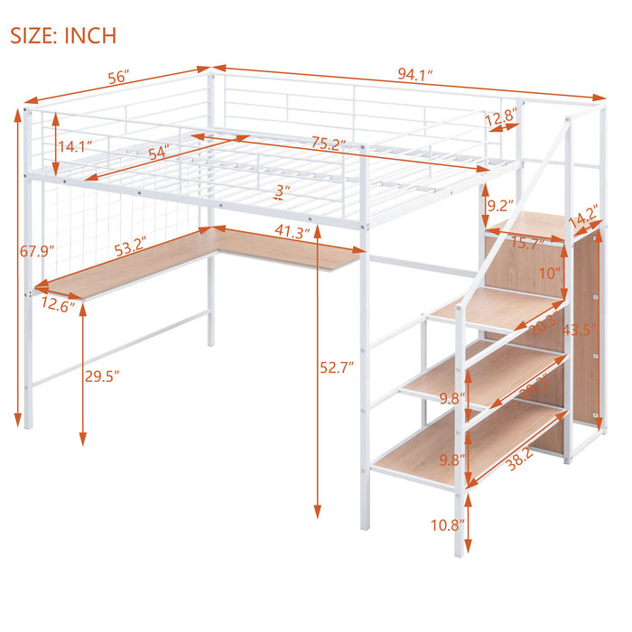 Loft Bed With Desk And Grid, Stylish Frame With Lateral Storage Ladder And Wardrobe