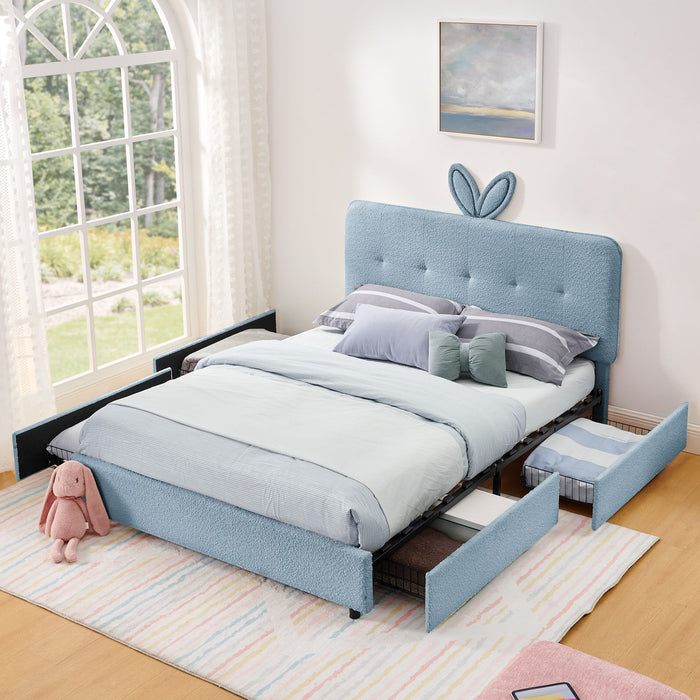 Upholstered Bed With Oversized Rabbit Ear Headboard, LED Lights & 4 Storage Drawers