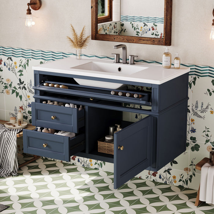 Modern Wall Mounted Floating Cabinet With Double Drawer And Sink