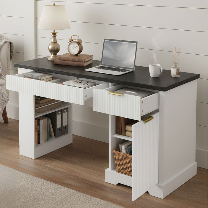 Modern Fluted Office Desk With Storage Cabinet