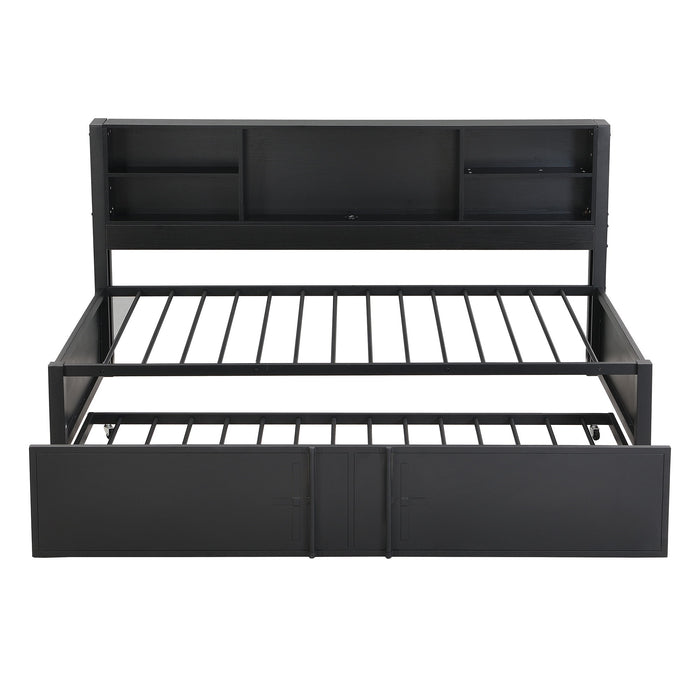 Industrial Metal Daybed With Trundle, Storage Shelves, USB Ports