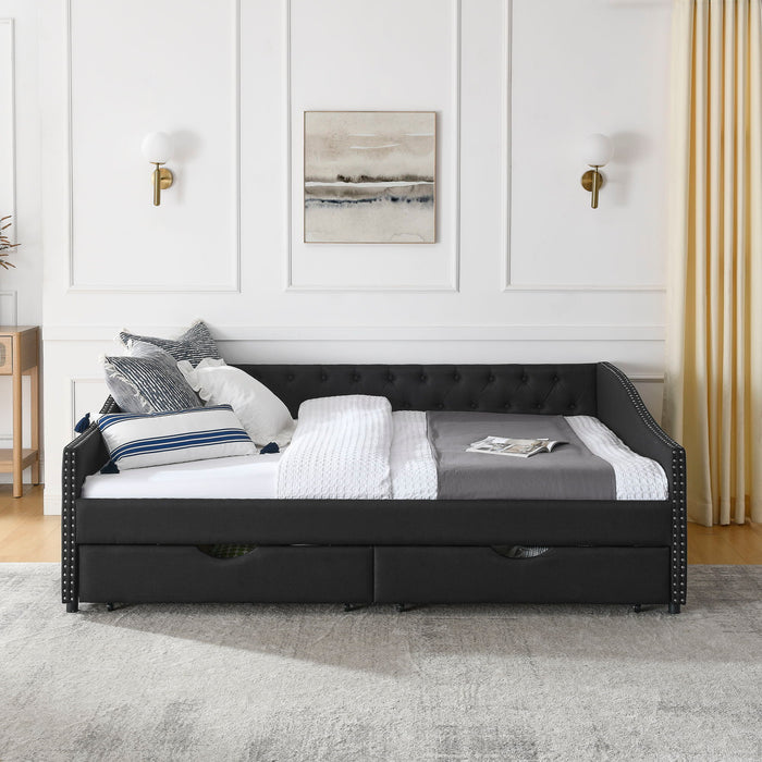 Upholstered Tufted Daybed With 2 Drawers, Waved Arms