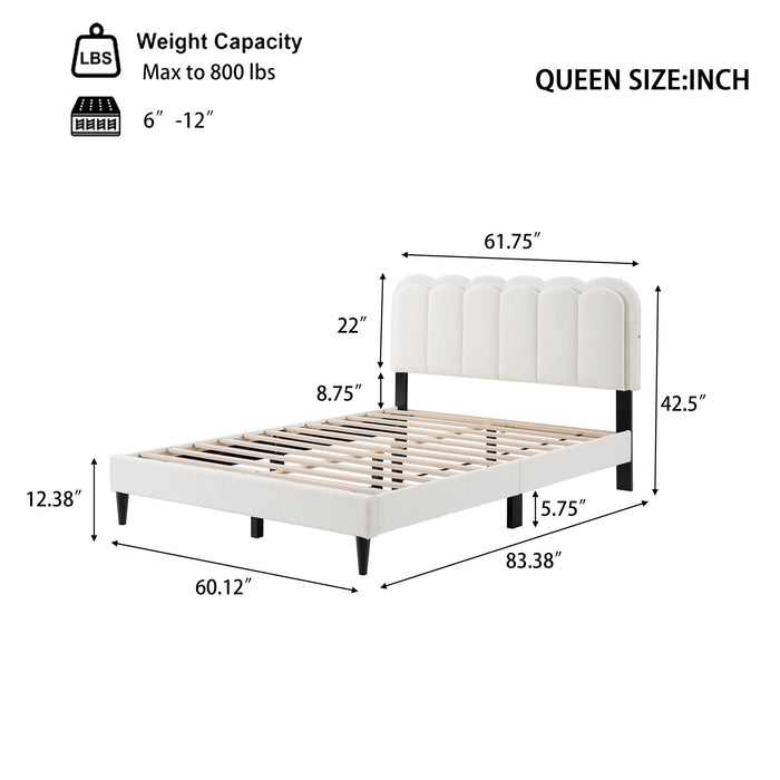 Queen Size Lambswool Petal Headboard Bed Frame With Ambient Light - White