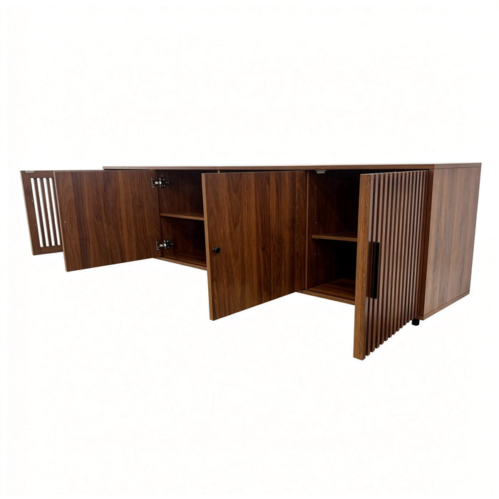 TV Stand, Media Console & Soft Closing Hinges, Adjustable Shelves, Slatted Doors - Walnut