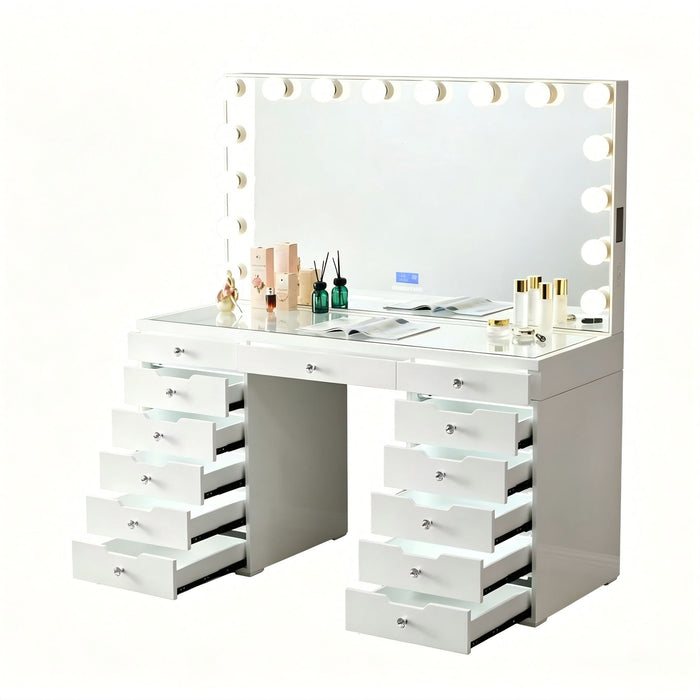 LED Lighted Makeup Vanity Desk With 16 Bulbs Mirror, 13 Drawers Dressing Table For Bedroom - Gloss White