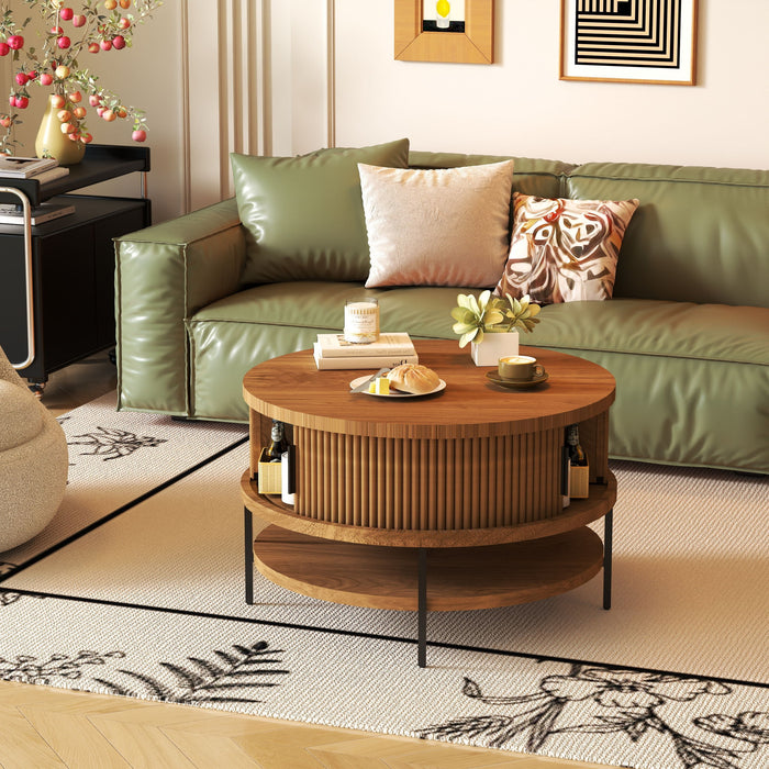 Flip-Top Round Coffee Table With Storage - Brown