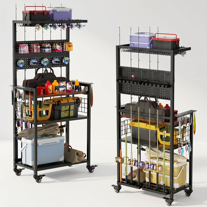 Fishing Rod Storage Rack With Pegboard, Rolling Tackle Organizer Cart - Black