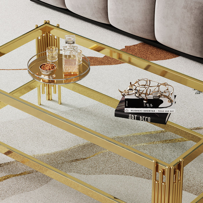 Coffee Table With Double Tier, Rectangular Design - Gold
