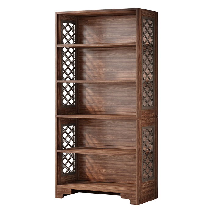 6 Tier Brown Mid Century Bookcase With X Design For Living Room - Brown