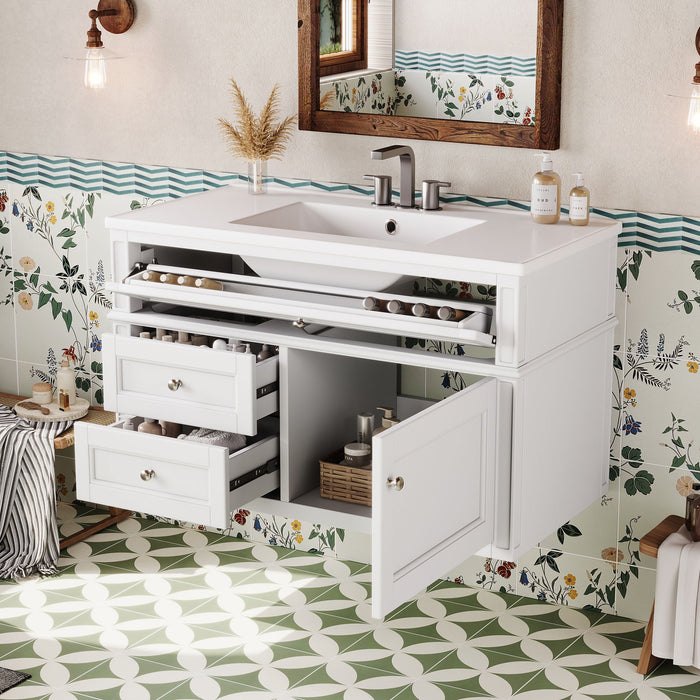 Modern Wall Mounted Floating Cabinet With Double Drawer And Sink