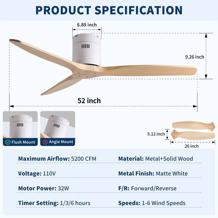 Low Profile Flush Ceiling Fan Without Light - Matte White / White