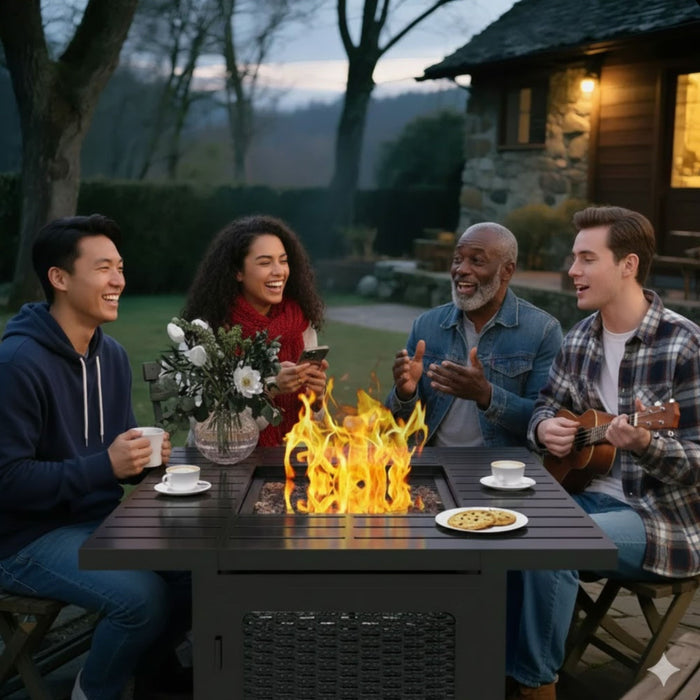 Outdoor 2 In 1 Propane Fire Pit Table With Dual Burners, Lava Rocks And Waterproof Cover - Black