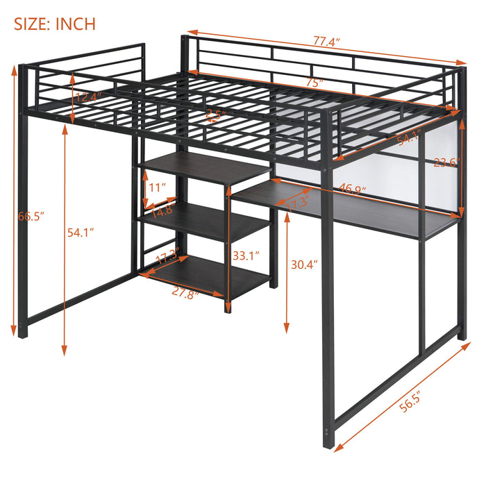 Metal Loft Bed With Desk, 3 Shelves And Ladder
