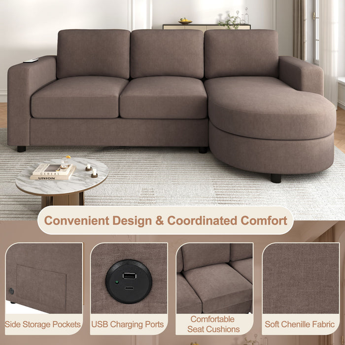 Modern L-Shaped Sectional Sofa With Curved Chaise, USB Ports, And Side Storage Pockets