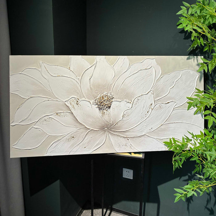 Lotus Flower Canvas Wall Art, Hand Painted Textured Floral Painting - Antique White