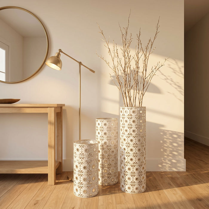 Handcrafted Cutout Hollow Tall Standing Floor Vase, Home Decor (Set of 3) - White / Gold