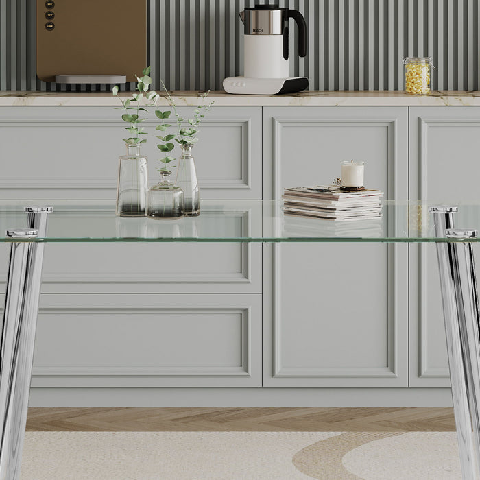 Thick Tempered Glass Top Dining Table & Stainless Steel Legs - Silver