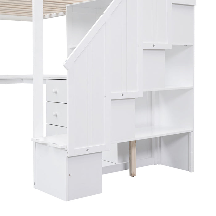 Loft Bed With L Shaped Desk, Drawers, Cabinet, And Storage Staircase