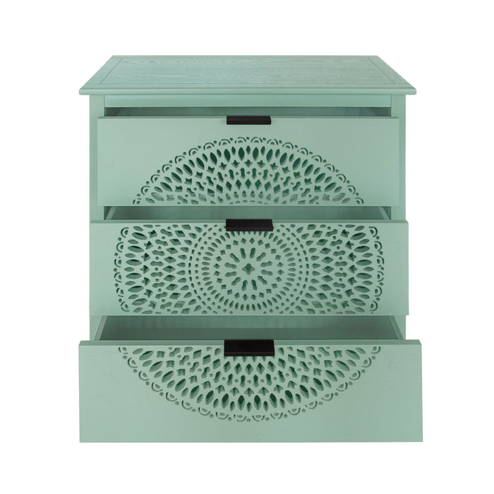 3 Drawer Storage Cabinet With Hollow Carved Design And Metal Handles, Chest For Entryway, Living Room Or Bedroom - Light Green