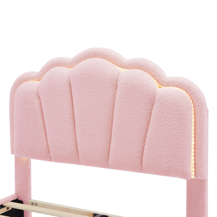 Upholstered Elegant Flowers Headboard With LED Light Strip, Platform Bed With Slats Support