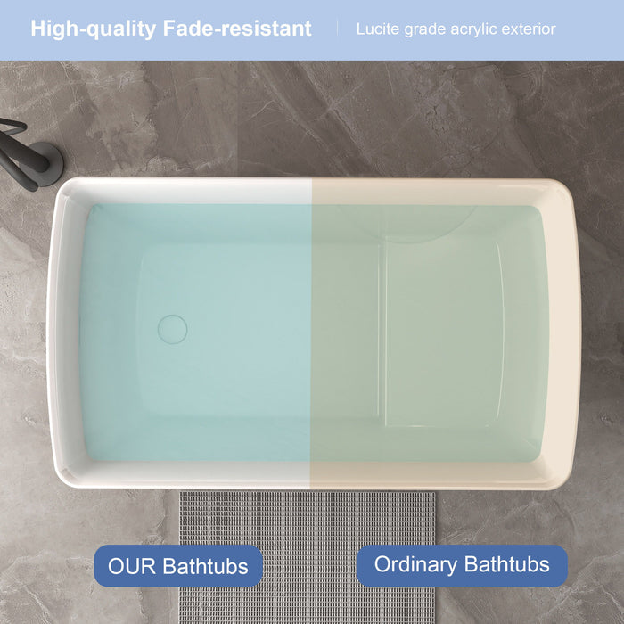 Freestanding Bathtub With Built In Seat, Rectangle Shape, Invisible Overflow & Pop Up Drain - Gloss White