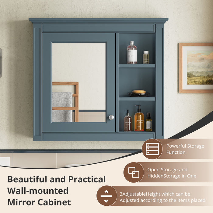Wall-Mounted Medicine Cabinet With Mirror, Adjustable Shelves, Rectangular Design - Blue