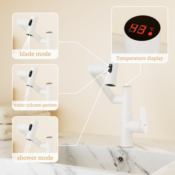 Bathroom Sink Faucet With Spray Function And Temperature Display, Anti Skid Switch, 360 Degree Rotary
