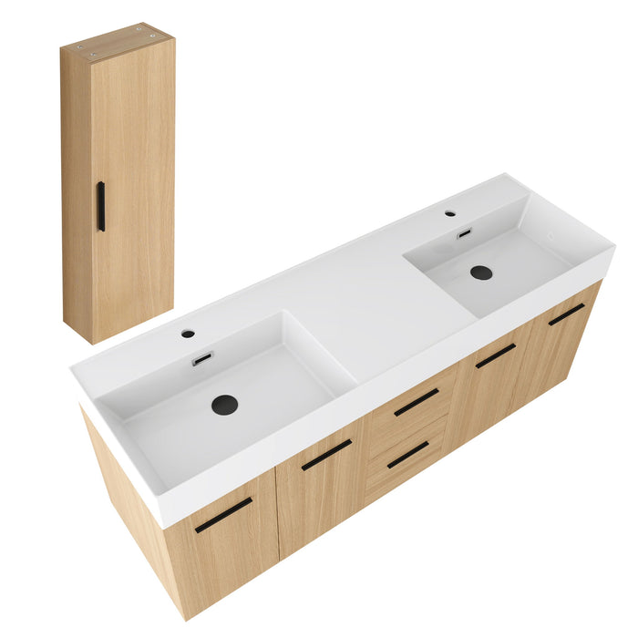 Floating Double Sink Bathroom Vanity Set With Tall Linen Cabinet, Drawers And Doors, Extra Large Storage, Integrated Sink, Soft Close Hardware - Glossy White / Light Oak