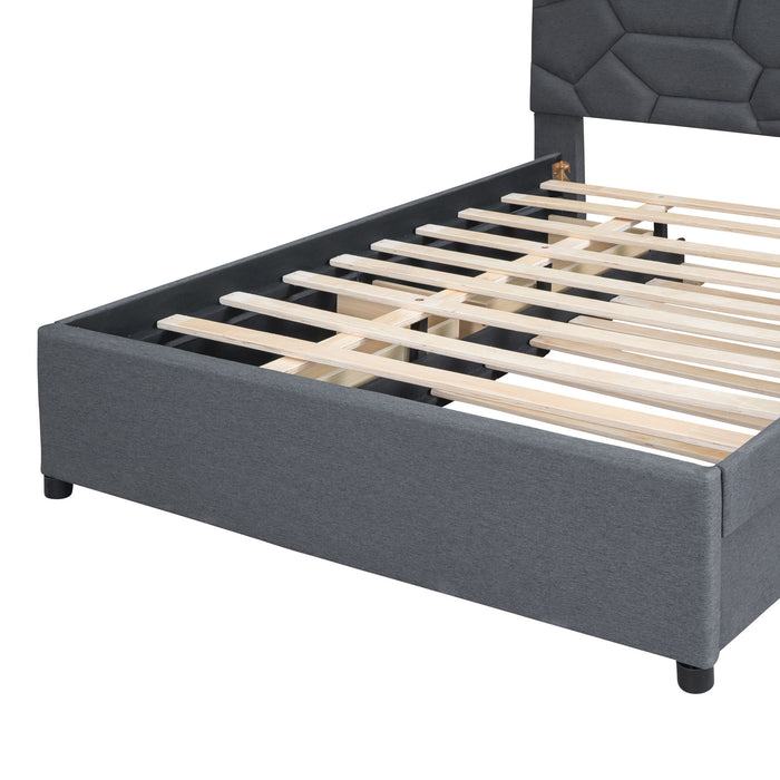 Upholstered Platform Bed With Brick Pattern Headboard And Twin Long Size Trundle