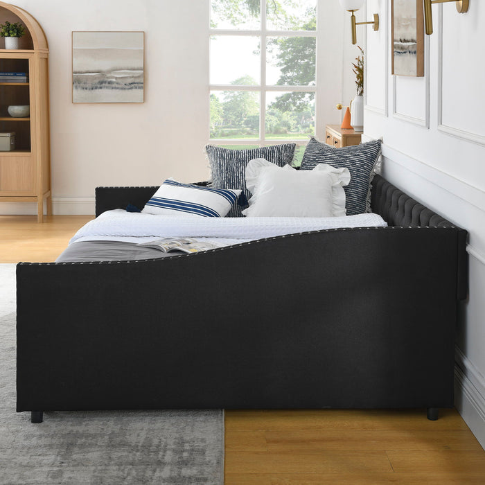 Upholstered Tufted Daybed With 2 Drawers, Waved Arms