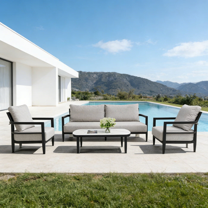 Outdoor Conversation Set With Chairs, Bench Sofa, Tables, Sunbrella Cushions