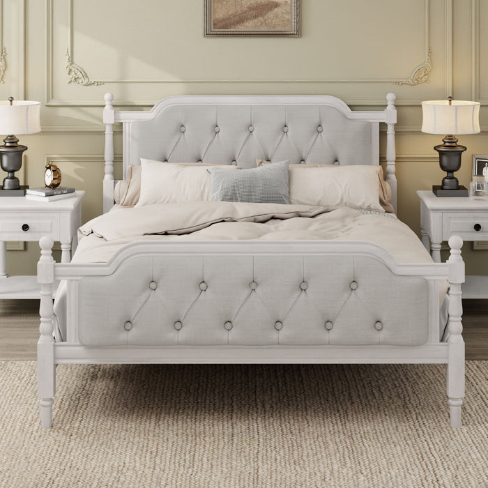 Traditional Style Solid Bed Frame With Upholstered Tufted Headboard, No Box Spring Needed