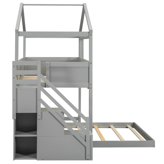 House Style Bunk Bed With Storage Staircase And Blackboard